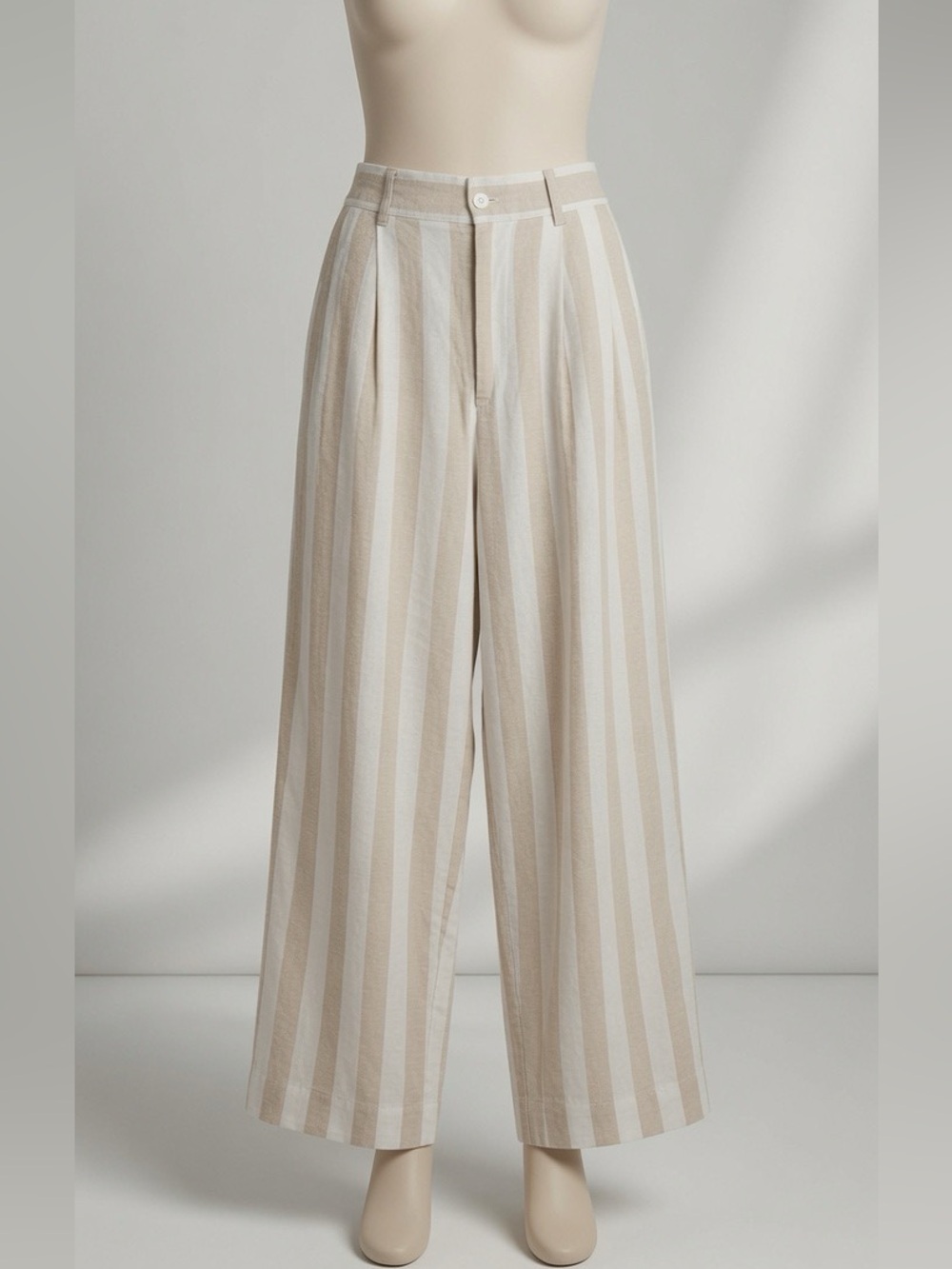Wide Leg Striped Linen-Blend Pants in Beige & White